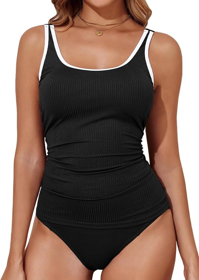 Aleumdr Tankini Swimsuit for Women 2 Piece Tummy Control Bathing Suit Athletic Color Block Swim Tank Top and Shorts (XX-Large, A1 Black)