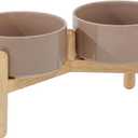 Ceramic Raised Dog Bowl with Stand for Small and Medium Breed Dog Dish Pet Food and Water Bowl (Double Bowl with Stand - Brown Coffee, 6" D)