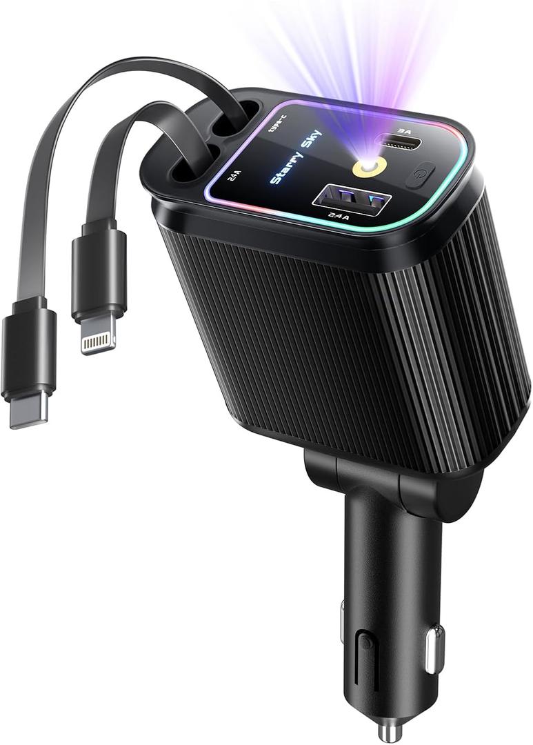 Starlight Retractable Car Charger with Retractable Cables, Starlight in Car Roof 4 in 1 Super Fast USB C Car Phone Charger, 2 USB Ports Starry Sky Adapter, Compatible with iPhone 17 16 15 14 13 12