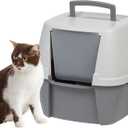 IRIS USA Cat Litter Box with Front Door Flap and Scoop, Covered Kitty Box with Handle and Buckles for Portability and Privacy, Dark Gray