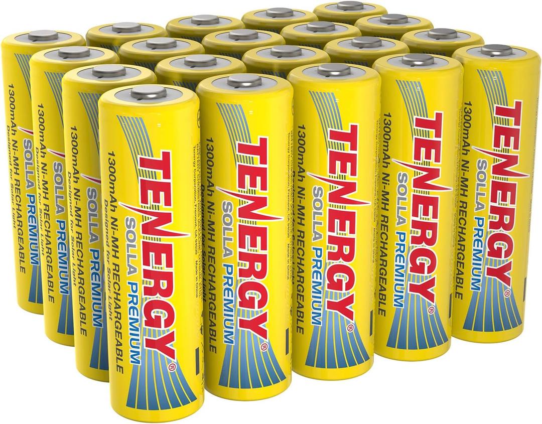 Tenergy Solla Premium Rechargeable NiMH AA Battery, 1300mAh Solar Batteries for Solar Garden Lights, Anti-Leak, Outdoor Durability, 5+ Years Performance, UL Certified, Pre-Charged 20 Pack