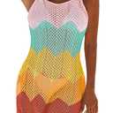 Pink Queen Womens 2026 Summer Crochet Swimsuit Cover Up Beach Bathing Suit Coverup Sheer Mesh Knit Tank Dress