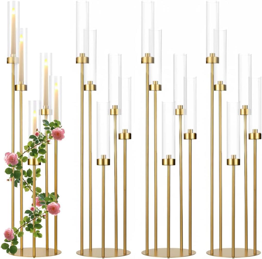 4PCS 5 Arm Candelabra Centerpiece for Table,Floor Candelabra with Acrylic Shade for Wedding 39" Tall Candle Holders for Party Anniversary Concert Reception Gifts candelabros para centros de mesa