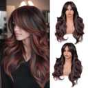 Silver Grey Layered Wavy Wigs for White Women with Bombshell Curtain Bangs Synthetic Long Salt and Pepper Hair Wigs for Women Middle Part Hair (Burgundy mix Natural Black, 26inch)