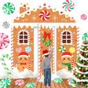 Gingerbread Christmas Decorations Door Cover Backdrop, Xmas Gingerbread House Banner with Fake Snow, Candy Cane Stickers & Porch Signs for Holiday Home Classroom Office Party Indoor Outdoor Decor