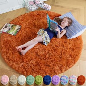 Amdrebio Burnt Orange Round Circle Rug 4Ft for Bedroom Living Room Decor Aesthetic, Fluffy Furry Fuzzy Shaggy Area Rugs for Kids Room, Small Plush Shag Dark Orange Carpet for Nursery Dorm Classroom