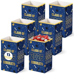 Tinlade 6 Pack 2026 Blue and Gold Graduation Decoration 13 Gallon Disposable Trash Cans for Parties Class of 2026 Garbage Recycle Pop up Bins Large Waterproof Foldable for Graduation Party School