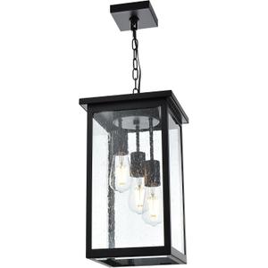 TODOLUZ 3-Lights Large Outdoor Pendant Light, Black Porch Ceiling Lighting Fixtures with Seeded Glass Panel, Exterior Hanging Lantern Adjustable Chain for Yard Entryway Patio, Seeded Glass, Black, 3-Light