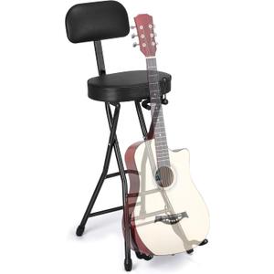 Guitar Stool with Thick Padded Cushion, Guitar Chair, Ergonomic Backrest Heavy Duty 300 Pound Capacity Portable Seat with Foot Rest, Folding Stand, Accommodates Acoustic Bass, Fretboard