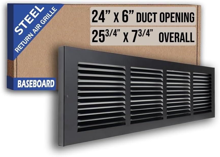 Fits 24x6 Duct Opening | Steel Baseboard Return Air Grille by Handua | Vent Cover Grill | 7/8" Margin Turnback [Depth] to Fit Baseboard | Black | Outer Dimensions: 25.75"W X 7.75 "H