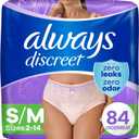 Always Discreet Adult Incontinence Underwear for Women and Postpartum Underwear, S/M, Up to 100% Bladder Leak Protection, 84 Count (Packaging May Vary) (Small/Medium)