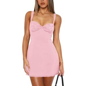 Women's Summer Mini Dresses Sleeveless Sexy Square Neck Lace Splicing Cocktail Party Straps Bodycon Dress, Size: S