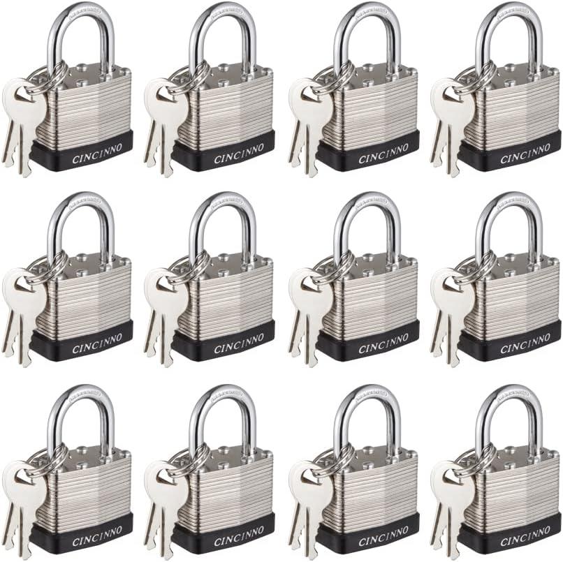 40mm Keyed Alike Nickel Plated Laminated Steel Padlock, 1-9/16" Wide Body 1-inch  Short Shackle Padlocks with Keys Pack of 12