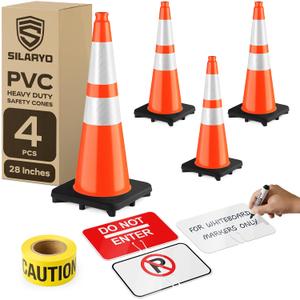 (4-Pack) SILARYO 28 Inch Traffic Cones | 330-Ft Caution Tape & 3 Attach-on Signs | Heavy-Duty Orange Traffic Cones | Tall & Large Traffic Safety Cones for Construction - PVC, Anti-Skid, -20F to 130F