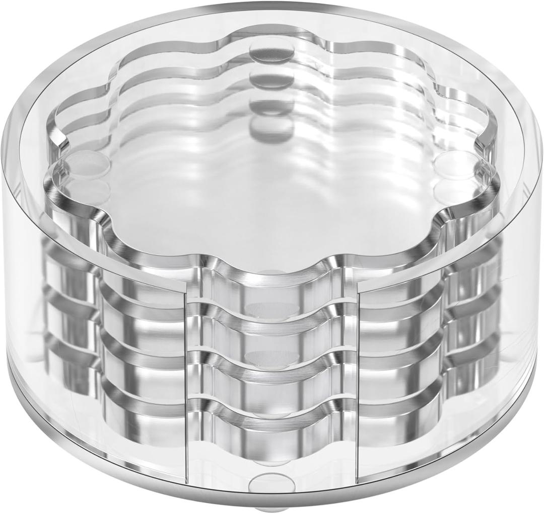 Scalloped Acrylic Drink Coaster Set 4Pack with Circular Holder  Clear Transparent Minimalist Coasters, NonSlip Table Protector, Modern Housewarming Gift