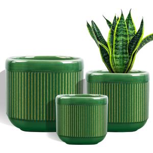 KERUITA Ceramic Plant Pots Set of 3  Square Indoor Planters with Drainage Hole, Mesh Pad & Stopper  Decorative 5/7/9 Inch Flower Pots for Home Office-Green