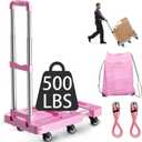 90° Multi-Functional Folding Hand Truck,500lbs Heavy Duty Dolly - Dolly Cart with 6 Wheels & 2 Elastic Ropes, Hand Cart with Upright Handle for Moving, Trolley, Travel, Office and Home Use(PINK)