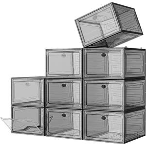 7 code Large Clear Shoe Boxes Organizer Thicker Material Stronger Shoe Box with Magnetic Door, Stackable Shoe Storage Box for Closet, Foldable Space-Saving Storage Bins Shoe Cabinet, Black 9-Pack