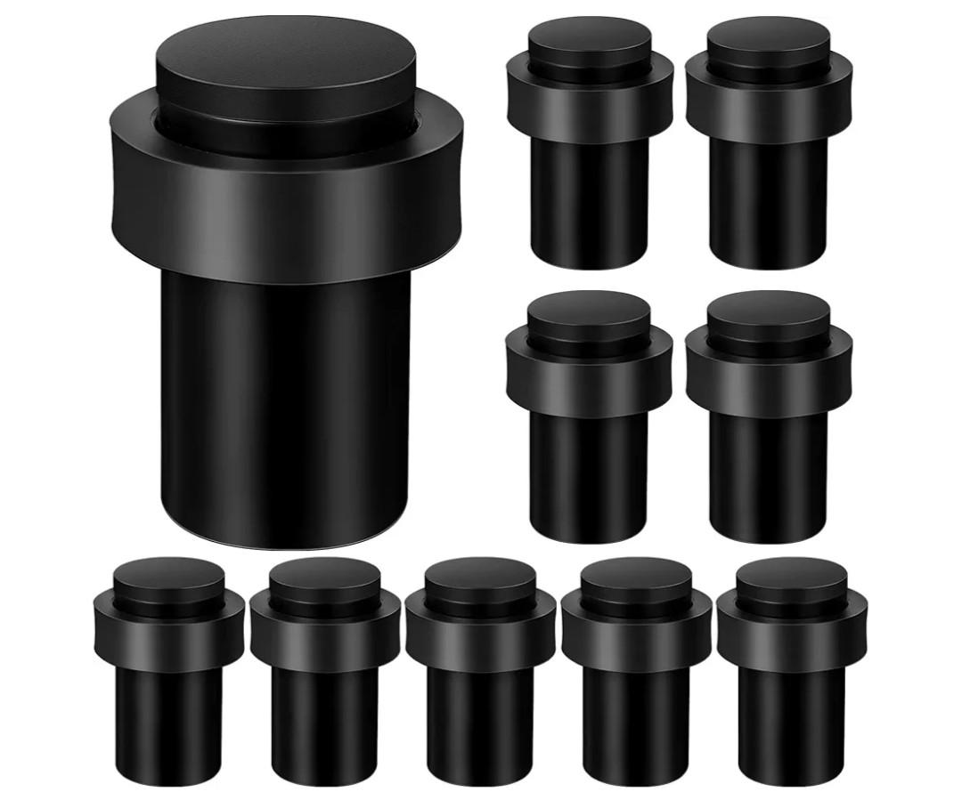 Chumia 10 Pcs Door Stopper Mounted Floor Stops Stainless Steel Cylindrical Stopper Modern Decorative Rubber Bumper Stops Holder Wall Protector for Bottom or Top of Door (Black)