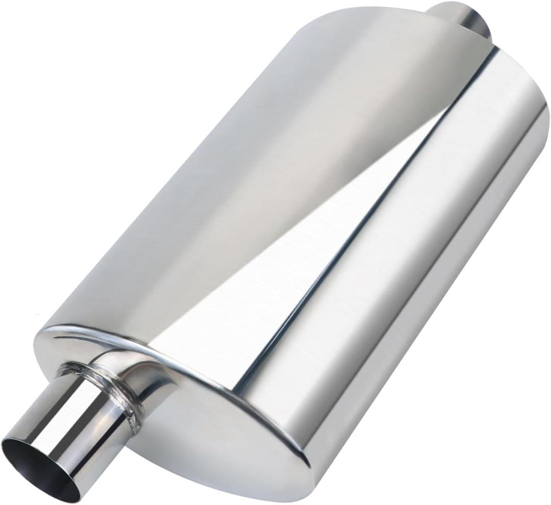 LCGP 2.25 Ultra Quiet Resonator, 2.25'' Inlet & Outlet 20" Overall Length Universal Muffler, 304 Stainless Steel vibrant performance resonator 2.25", Oval Muffler Shape, Polished, Pass-Thru Design
