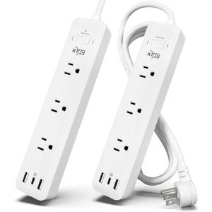 KMC USB-C PD Surge Protector 3-Outlet Power Strip 2-Pack, 30W Power Delivery USB-C Port, 2 USB-A Ports, 980J Surge Protection, 6-Foot Extension Cord, White