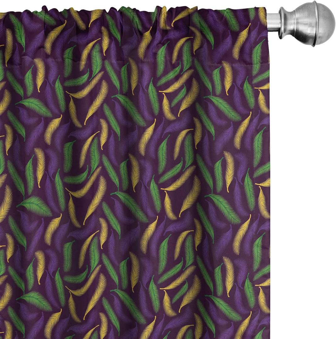 Lunarable Mardi Gras Curtains, Tricolor Feathers in Fat Tuesday Colors, Window Treatments 2 Panel Set for Living Room Bedroom, Pair of - 28" x 63", Purple Multicolor