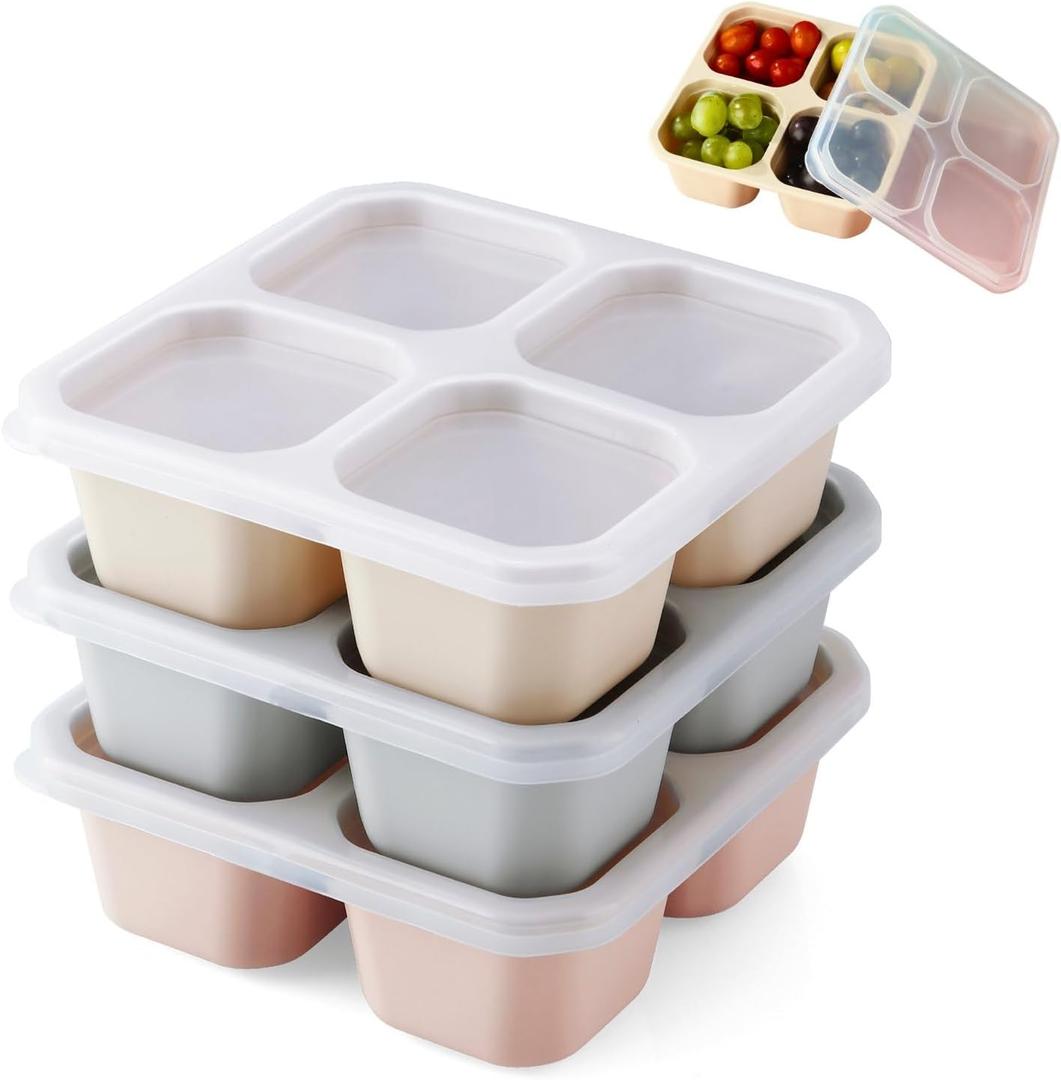 Emptycolor 3 Pack Silicone Snack Containers with Lids 4 Compartment Bento Lunch Box for Adults, Reusable Divided Food Storage for Daycare, Travel, Work, BPA Free, Microwave Safe