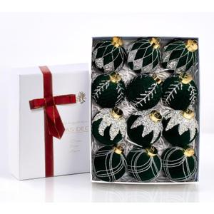 12PCS Green Velvet Glitter Christmas Ball Ornaments, 3.15 Inches Luxury Christmas Decorations, Elegance Modern Hanging Ornaments for Xmas Tree, Party, Wedding, Home Decor (Dark Green)