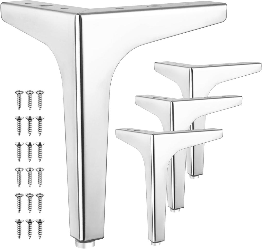 4 Pcs 7 Inch Metal Furniture Legs, Modern Style Furniture Sofa Legs Metal Polished Chrome Triangle Feet for Table Cupboard Sofa Couch Chair DIY Replacement Feet - with Rubber Floor Protectors