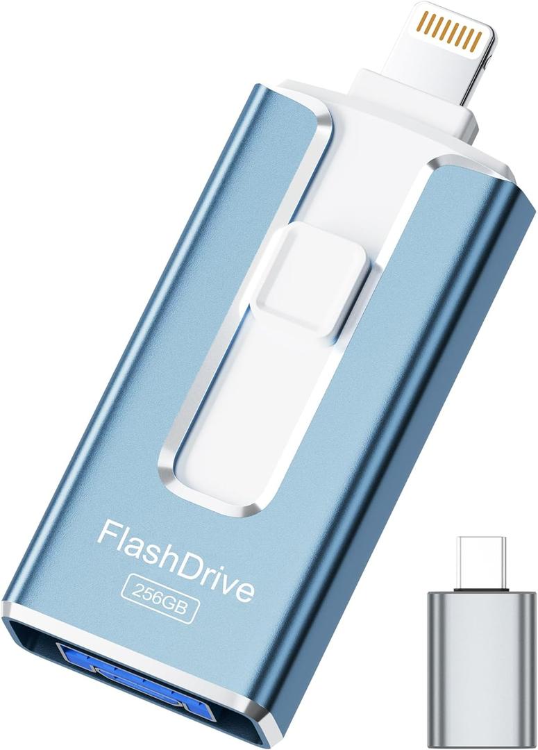 MFi Certified Flash Drive for iPhone iPad 256GB, Photo Stick for External Memory Storage, Easily Back Up and Save Photos Videos, USB Memory Stick Thumb Drive for iPhone/iPad/Android/PC (Sky Blue)