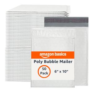 Amazon Basics Poly Bubble Self-Seal Mailers, Tear and Water Resistant Shipping Bags, 6" x 10", White/Grey, 50-Pack
