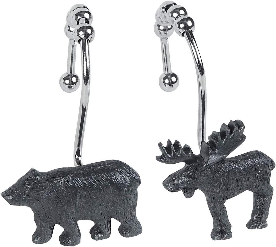 Woodland Black Bear Moose Shower Curtain Hooks, Rustproof Rustic Cabin Shower Hooks for Shower Curtain, 5 Roller Ring Balls Lodge Bathroom Curtain Hooks, Outdoor Decorative Animal Hooks, Set of 12