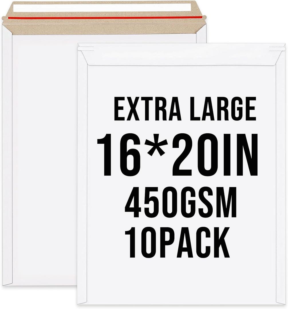 10 Pack 16 x 20 Inch Rigid Mailer 450gsm White Self Seal Photo Document Mailers Stay Flat Bulk Cardboard Envelopes Photography Mailers for Papers, Photos, Document and Magazine