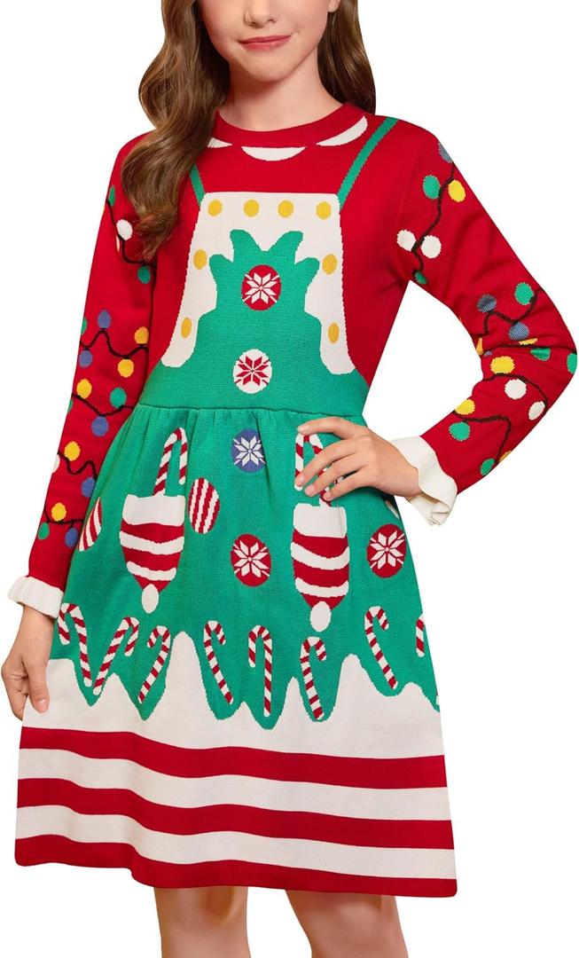 BesserBay Girls Christmas Crew Neck Long Sleeve Knit Sweater Dress 4-12 Years