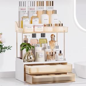 TidyStash Bathroom Counter Organizer, 2-Tier 2-Drawer Makeup Organizer Countertop, Easy to Install, Ideal for Bathroom Storage, Vanity, Perfume, Large Skincare Items, Present, and More, Amber