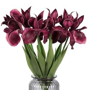 Fqueelvys Iris Flowers Artificial Real Touch Flowers 6 PCS 18.9 In Long Stems Artificial Iris for Decoration for Wedding Bridal Home Kitchen Party(Burgundy)