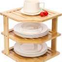 3-Tier Bamboo Cabinet Organizer Shelf Kitchen Corner Rack, Plate Organizer for Cabinet Space Saver, Counter Shelf for Dishes, Bread Pantry, Bathroom Storage Racks or Countertop Racks