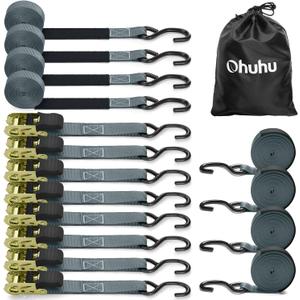 Ohuhu Ratchet Tie Down Strap 15 Ft - 500 lbs Load Cap with 1500 lbs Breaking Limit, Ratchet Tie Downs Logistic Cargo Straps for Moving Appliances, Motorcycle (Grey, 8-Pack)