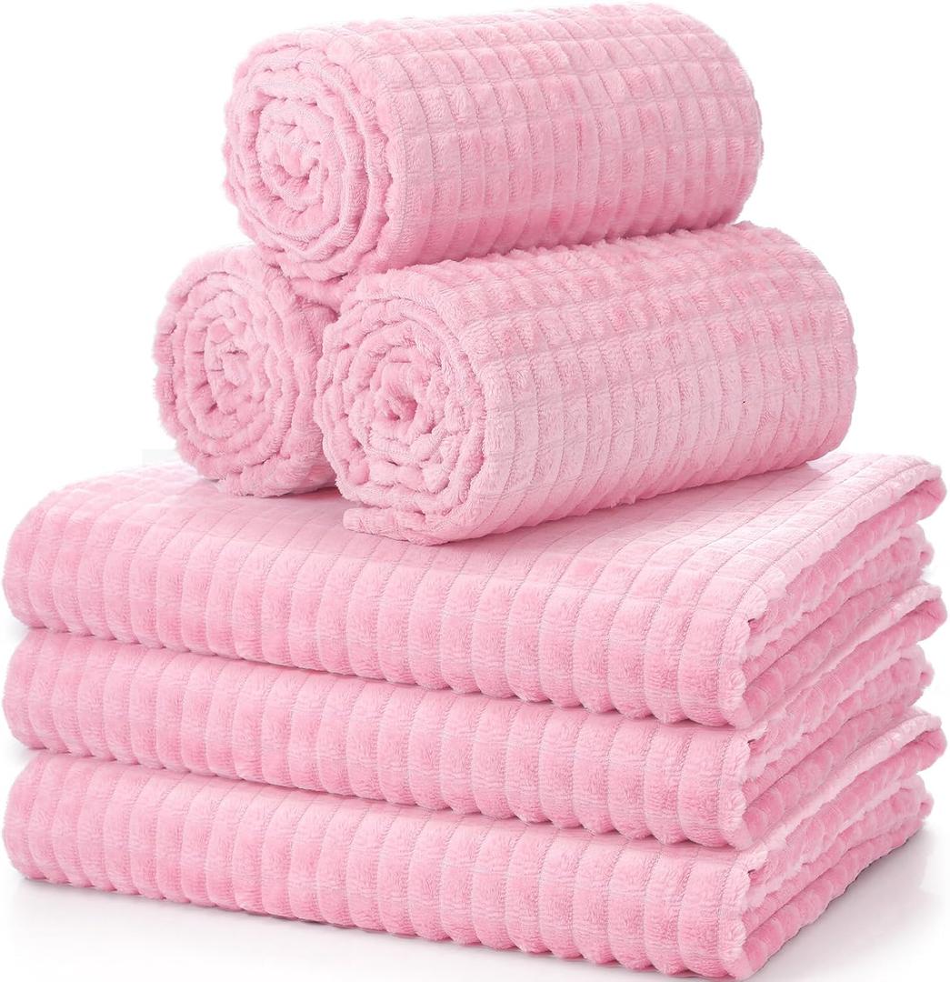 Buryeah 6 Pcs Flannel Sleepover Party Throw Blanket Bulk 50 x 60 Inch Oeko-tex Standard 100 Certified Wedding Throw Blanket 3D Jacquard Grid Design for Donation Homeless (Pink)