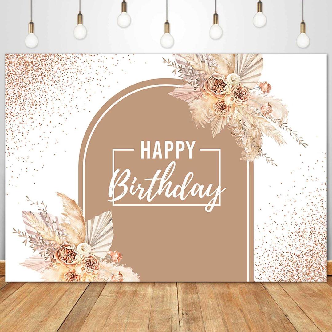 Sensfun Boho Happy Birthday Backdrop Pink Rose Gold Glitter Dots Pampas Grass Floral Photography Background Women Girls Bohemian Arch Birthday Banner Party Decorations Photo Studio Props 7x5ft