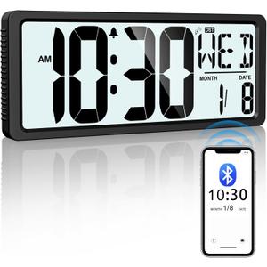 Backlight Digital Wall Clock Battery Operated with Bluetooth Time Sync/No Setup Required, 15'' Large Digital Wall Clock with Day, Date & Temperature, Large Digital Clock for Bedroom, Office (Black)