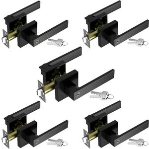 Matte Black Door Handles 5-Pack, Entry Door Knobs with Lock and Key (Different Keys), Heavy Duty Reversible Lever Handle(2.2lb), Fits Standard Doors 1-3/8" to 1-3/4" for Interior Exterior