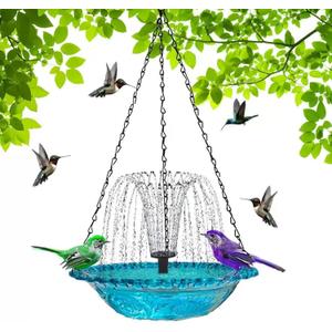 Solar Cascade Hanging Bird Bath Fountain, Outdoor Solar Powered Bird Bath with Large Glass Bowl, Weatherproof Hummingbird Bath Fountain for Garden Patio Balcony Yard Decor (Blue)