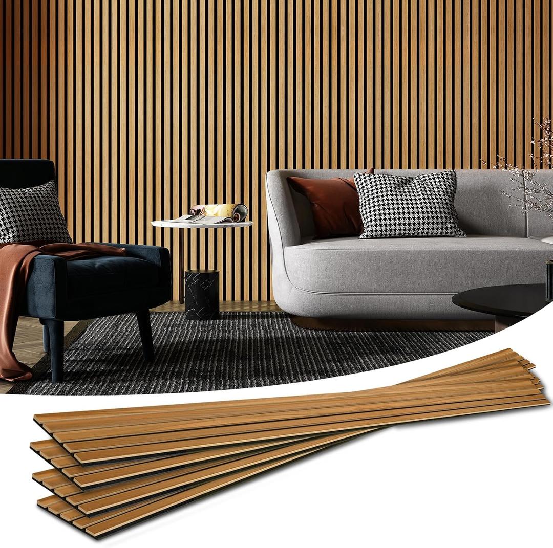 Art3d 4-Pack Acoustic Wood Slat Wall Panels for Interior Decor, 3D Fluted Sound Absorbing Wood Paneling for Accent Wall Ceiling Kitchen Living Room Bedroom Office, 94.5 x 7.9 inch Warm Teak