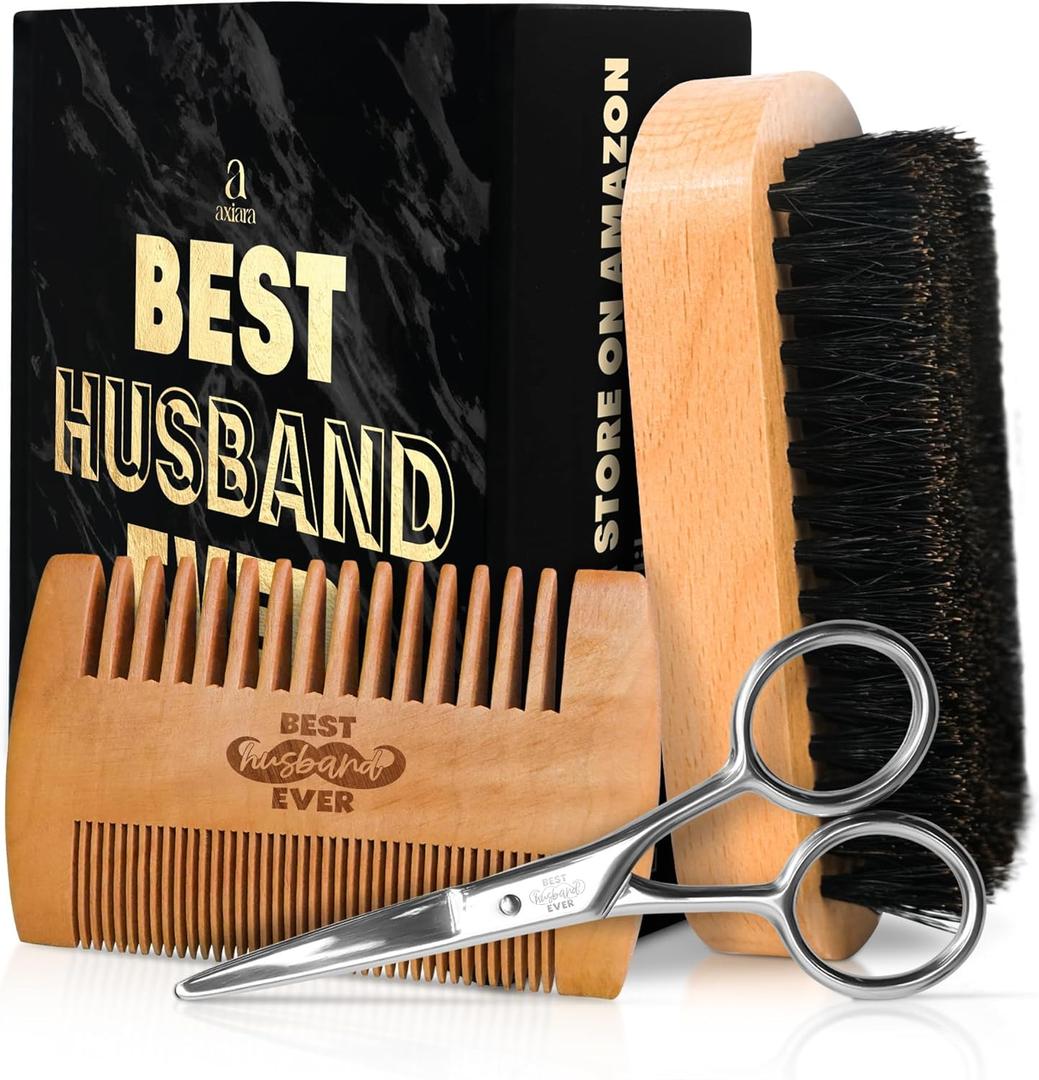 3 x Husband Gifts for Him - Beard Kit for Men Grooming and Care with Brush, Comb, Scissors & Storage Bag - Husband Birthday Gift Ideas, Anniversary Retirement Birthday Gifts for Men