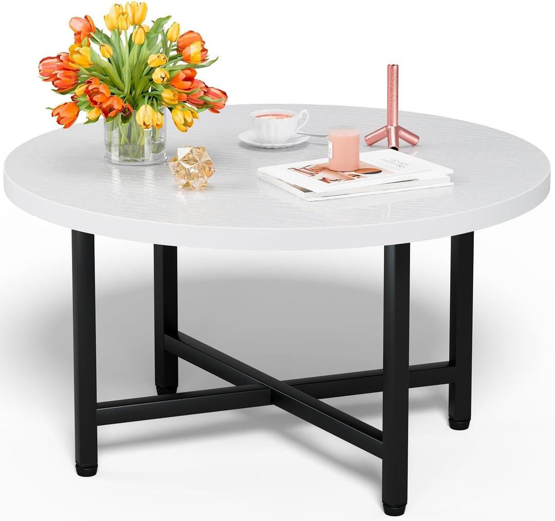 Round Coffee Table, Small Coffee Tables for Living Room, Low Wood Coffee Table with Metal Frame, Floor Table Desk for Sitting on The Floor, Home, Office, White(23.6" D x 17.7" H) (1T)