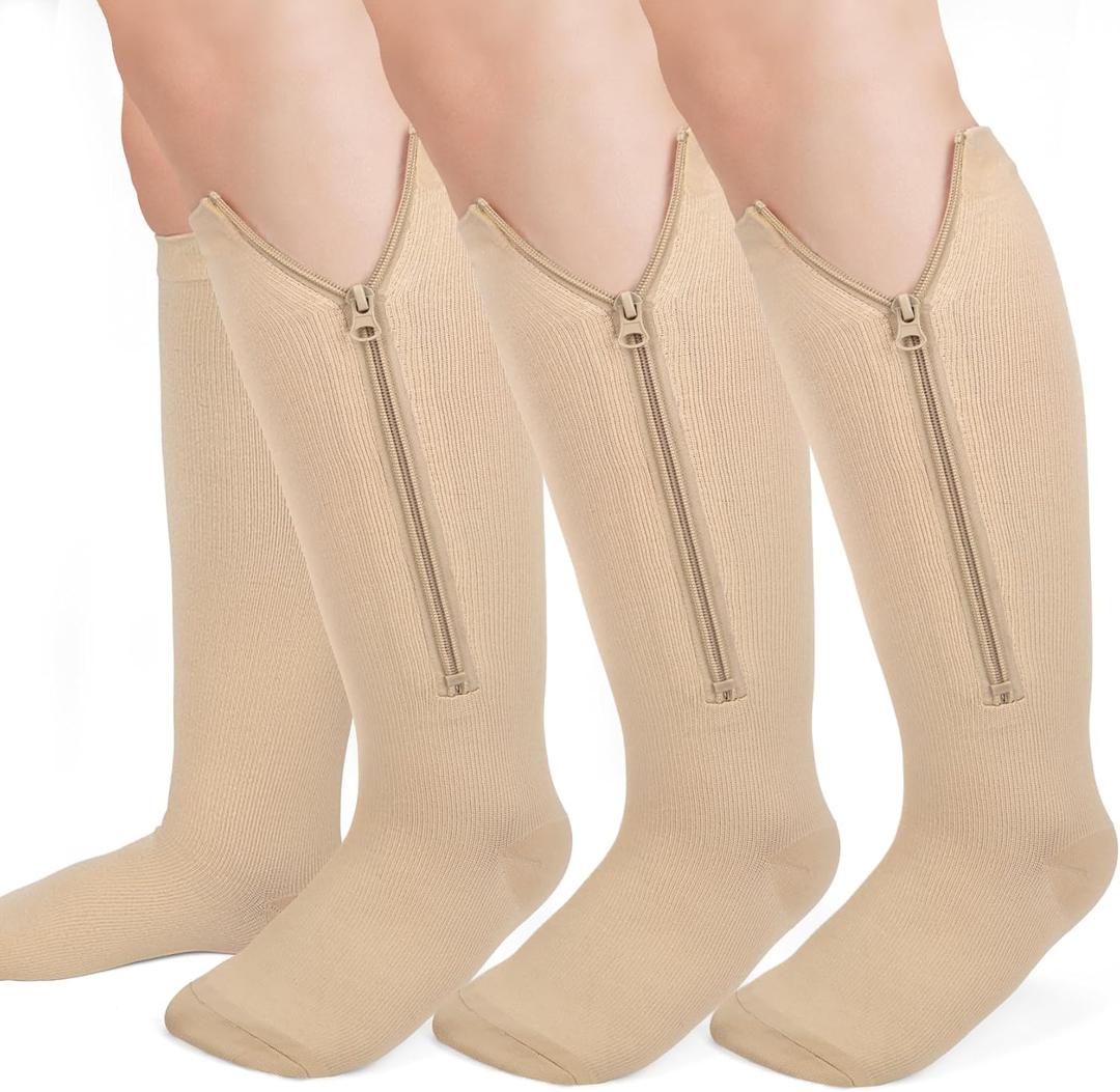 Plus Size Compression Socks for Women Men Wide Calf L/XL-5XL (15-20mmhg) Knee High Socks Support Compression Stockings for Nurses and Flying (Zipper - 3 Pairs - Nude)