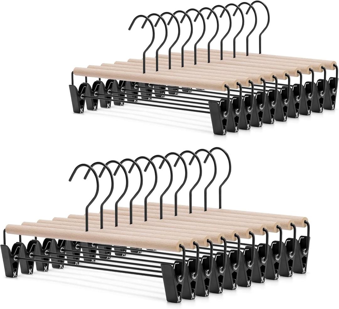 Nature Smile Deluxe Beech Wooden Pants Hangers Bottom Hanger Jeans Hanger Trousers Skirt Hanger with 2-Adjustable Black Matt Clips and Hook 20 Pack (Natural Wood+Black Metal) (13 inches 20pack)