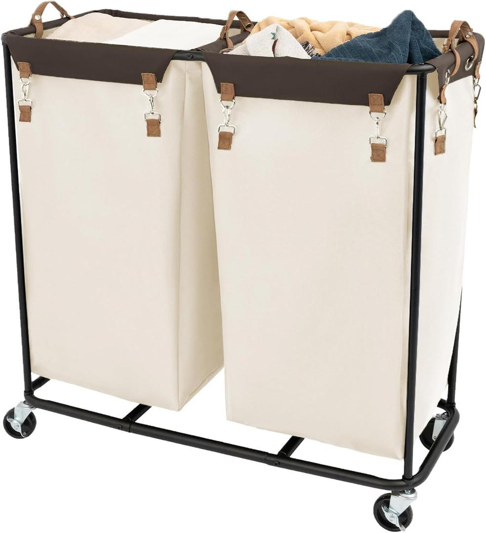 StorageWorks 390L Extra Large Lanudry Hamper with Wheels, Laundry Basket with Wheels 2 Sections, Clothes Sorter Cart with Divider for Hotel, Home, Beige, 1-Pack