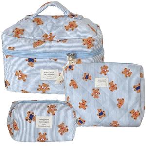 3PCS Quilted Make Up Bag Set Cute Cotton Make Up Pouch Blue Striped Bear Cosmetic Bag Set Large Travel Toiletry Bag For Women(B)